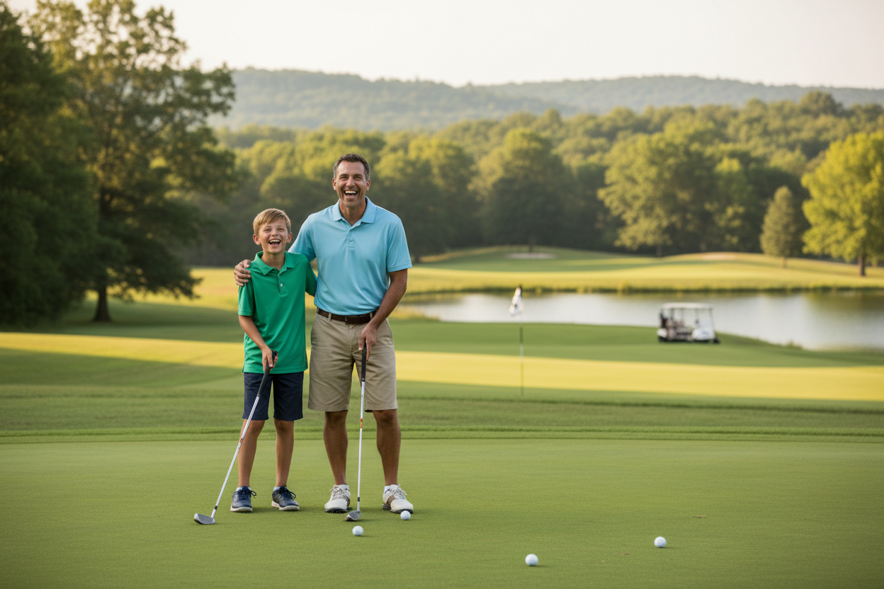 dad and son smiling while playing golf
